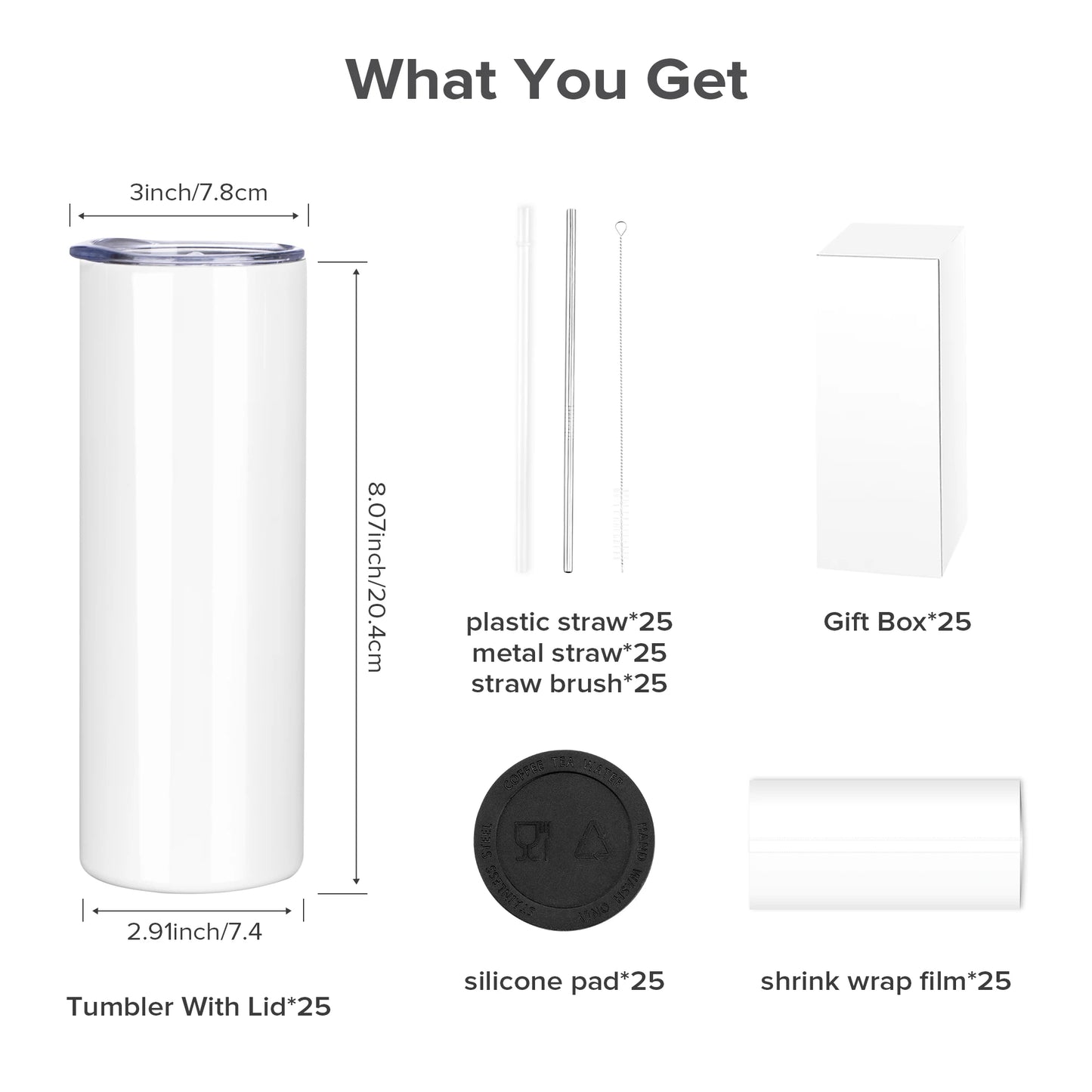 Sublimation Tumblers Blanks 20 oz 25 Pack Skinny Straight Tumblers Bulk Stainless Steel Insulated Sublimation Cups with Lid and