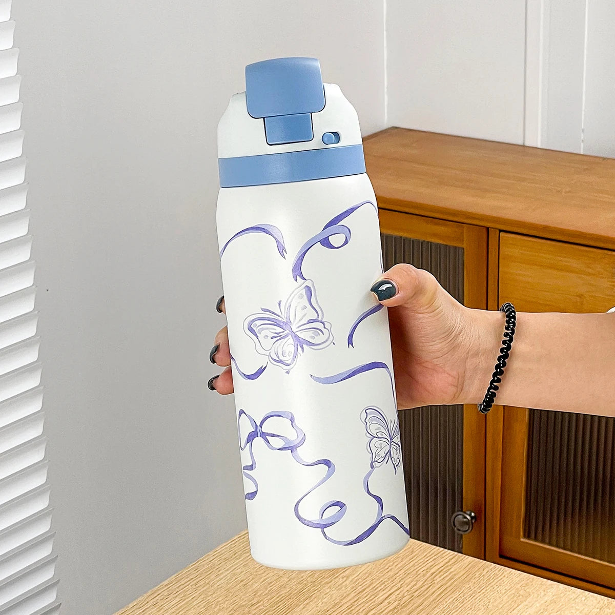 34oz Stylish Stainless Steel Water Bottle - Trendy Floral Two-Tone Design, 24Hr Hot/Cold Insulated, Leakproof Sport Lid & Handle