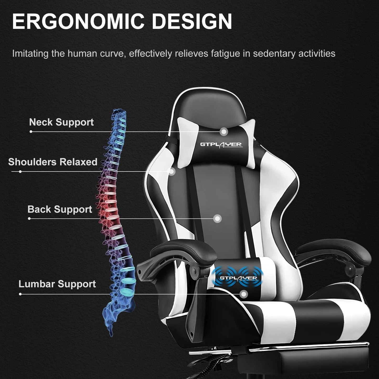 GTPLAYER Gaming Chair with Footrest, Lumbar Support, Adjustable Height, Swivel Seat, Headrest for Office or Gaming