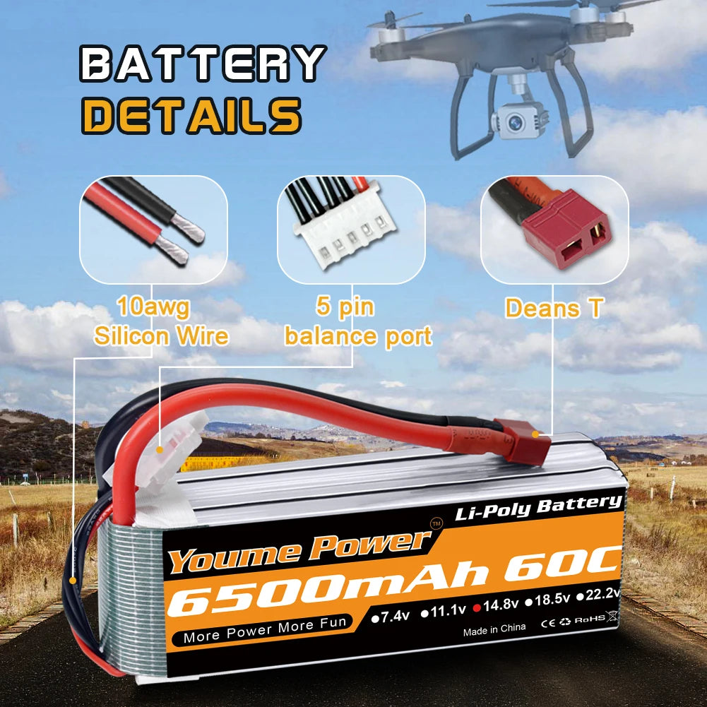 Youme 2S 3S 4S 6S lipo battery 11.1V 14.8V 22.2v 3300mah 4500mah 5200mah 6500mah RC Battery with XT60 plug for RC Car Drone Boat