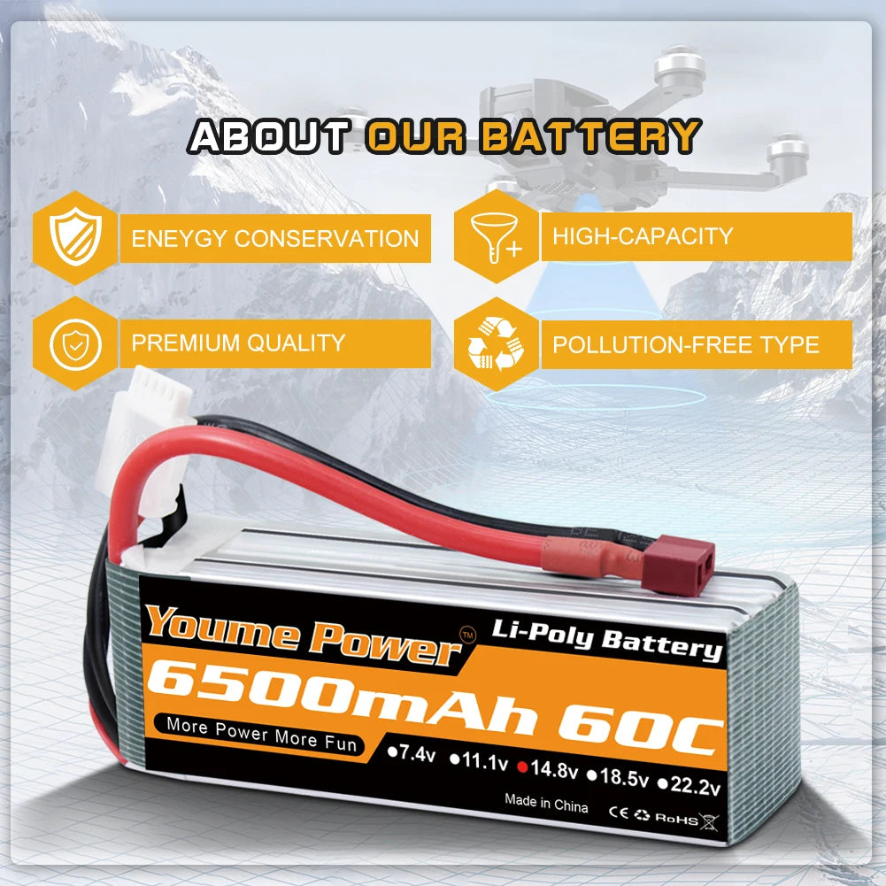 Youme 2S 3S 4S 6S lipo battery 11.1V 14.8V 22.2v 3300mah 4500mah 5200mah 6500mah RC Battery with XT60 plug for RC Car Drone Boat