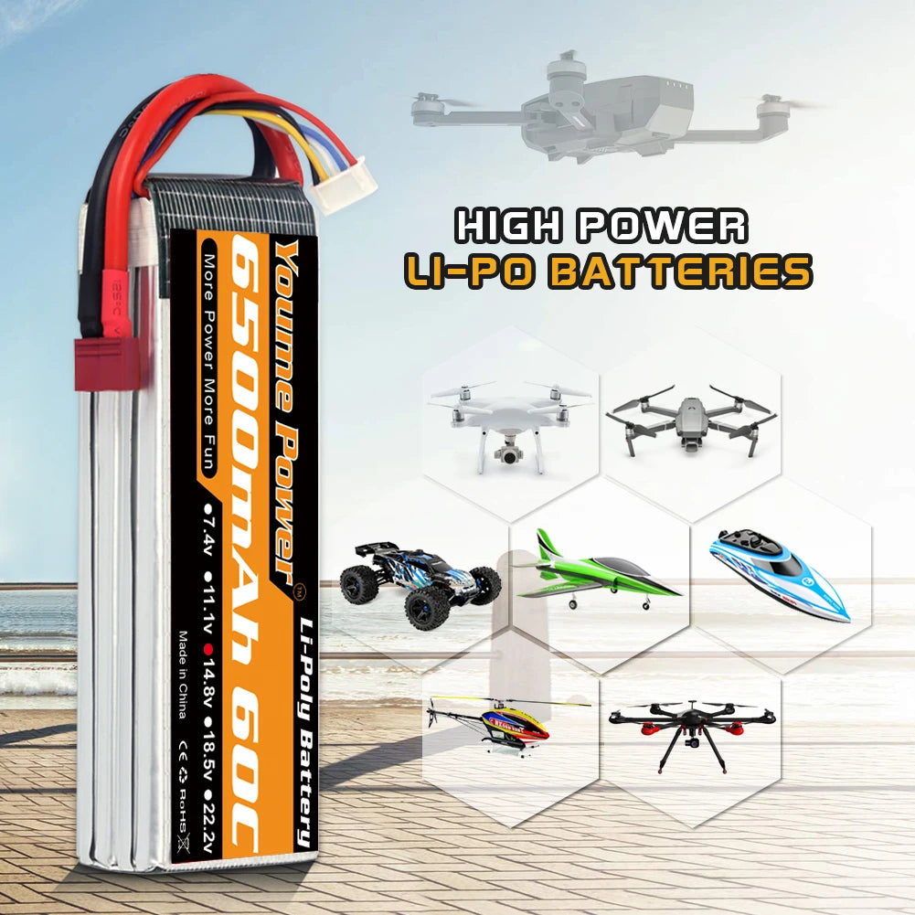 Youme 2S 3S 4S 6S lipo battery 11.1V 14.8V 22.2v 3300mah 4500mah 5200mah 6500mah RC Battery with XT60 plug for RC Car Drone Boat