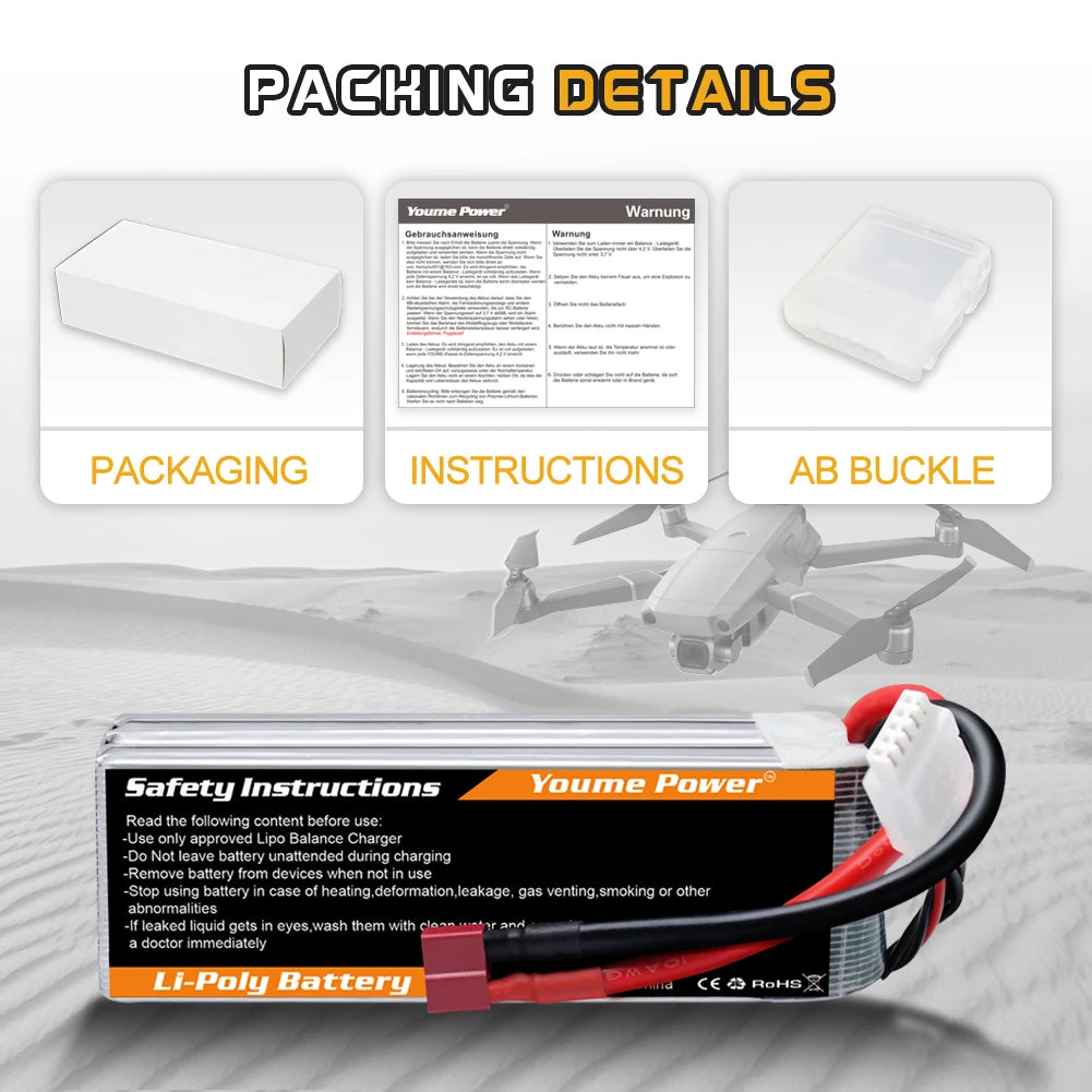 Youme 2S 3S 4S 6S lipo battery 11.1V 14.8V 22.2v 3300mah 4500mah 5200mah 6500mah RC Battery with XT60 plug for RC Car Drone Boat