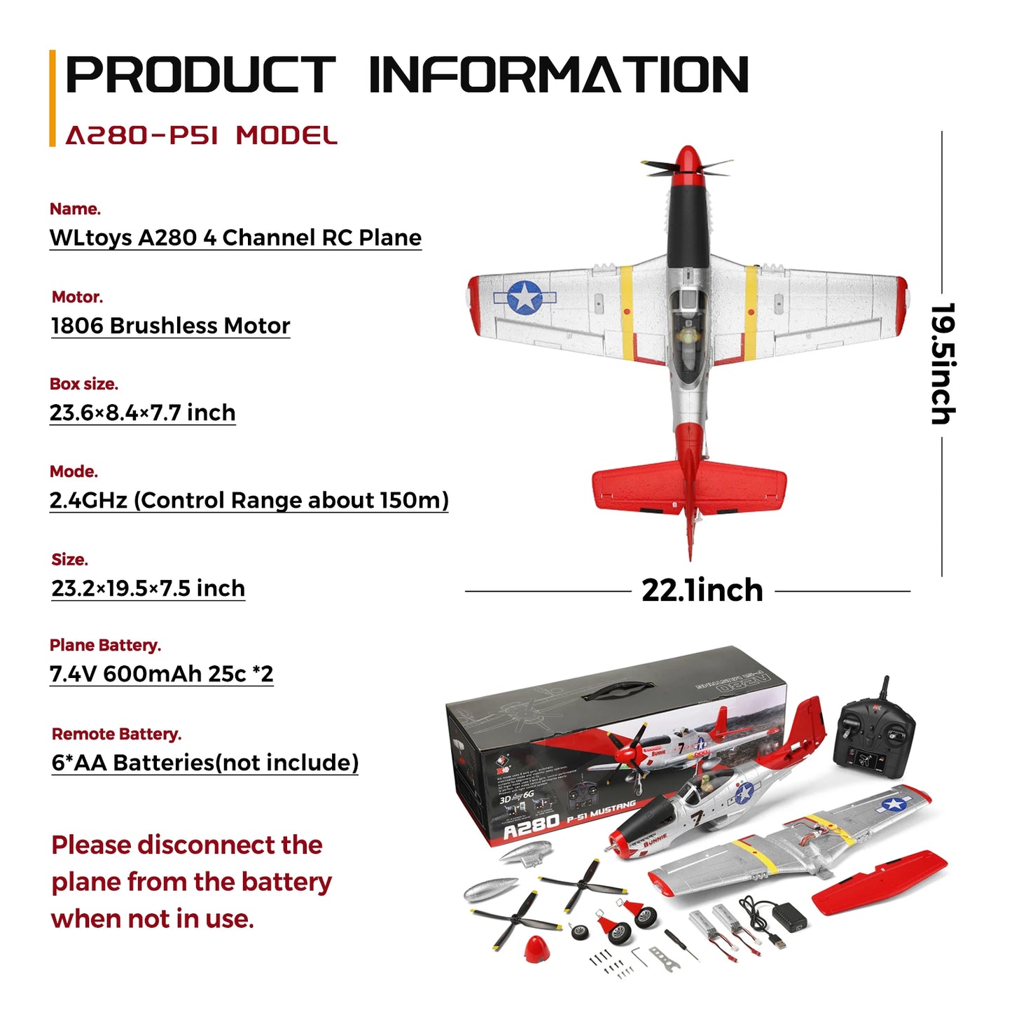 WLtoys XK A280 RC plane,P51 Mustang 4-CH RC Airplane with Lights,6G/3D Brushless Remote Control Airplane,Suitable for adults