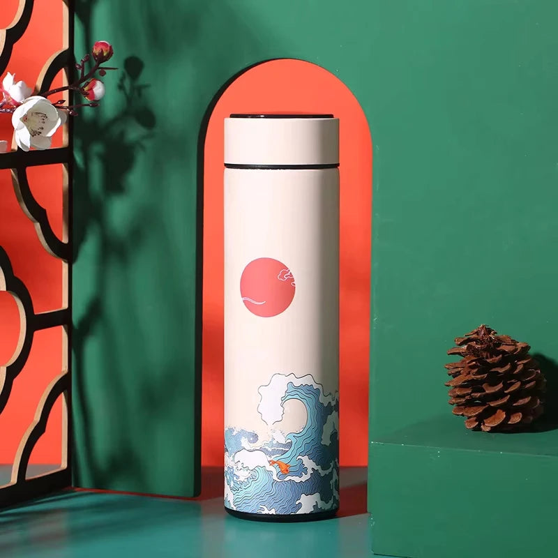 Chinese Style Vacuum Flask With Temperature Display Retro Smart Insulated Water Bottles 304 Stainless Steel Thermal Cu Travel
