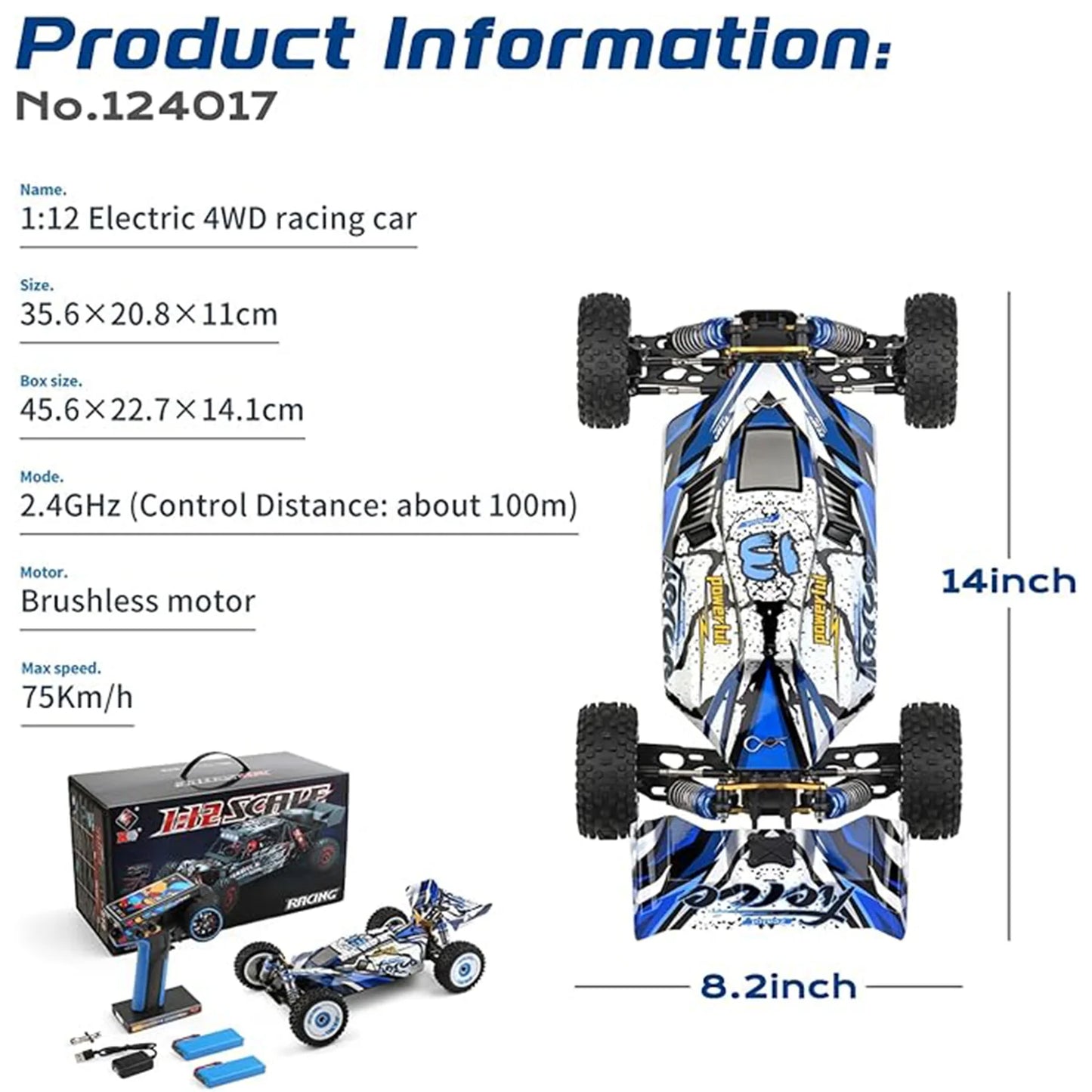 WLtoys 124017(V2) Fast RC Car, 1/12 Brushless RC Car with Independent ESC for Adults, 75km/h, Suitable for Outdoors and Gifts