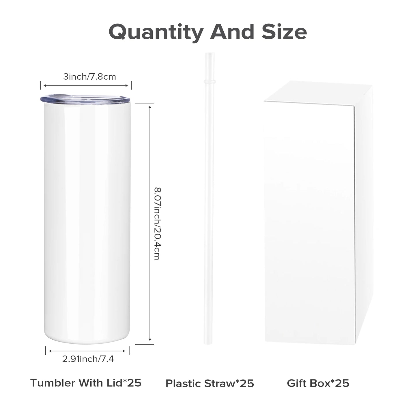 Sublimation Tumblers Blanks 20 oz 25 Pack Skinny Straight Tumblers Bulk Stainless Steel Insulated Sublimation Cups with Lid and