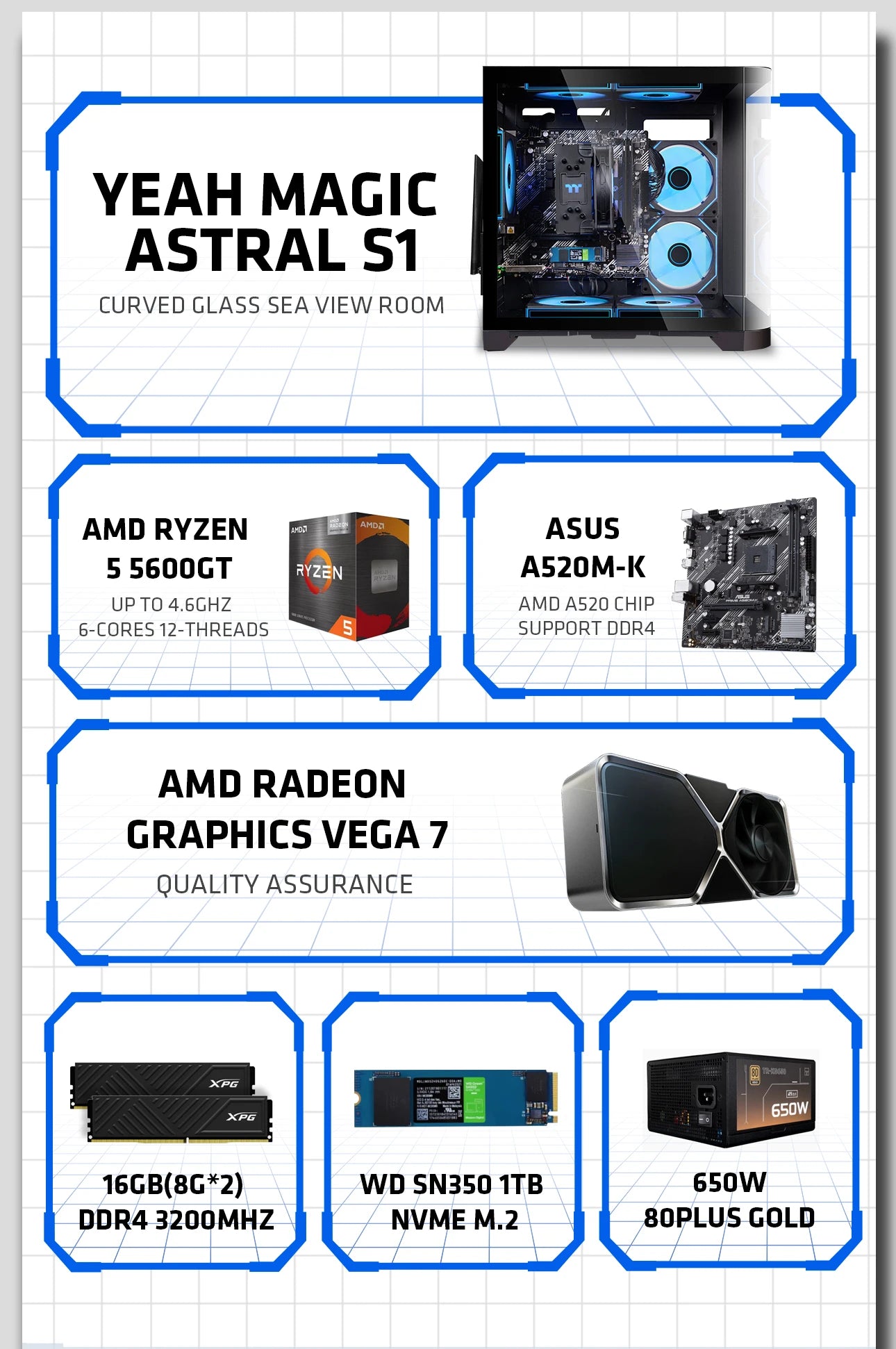 YEAH MAGIC Gaming Desktop AMD Ryzen 5 5600GT 3.9GHz 16GB(8G*2) DDR4 3200 1T NVME SSD ARGB 7 Fans Win 11 Home Gamer Desktop Compu