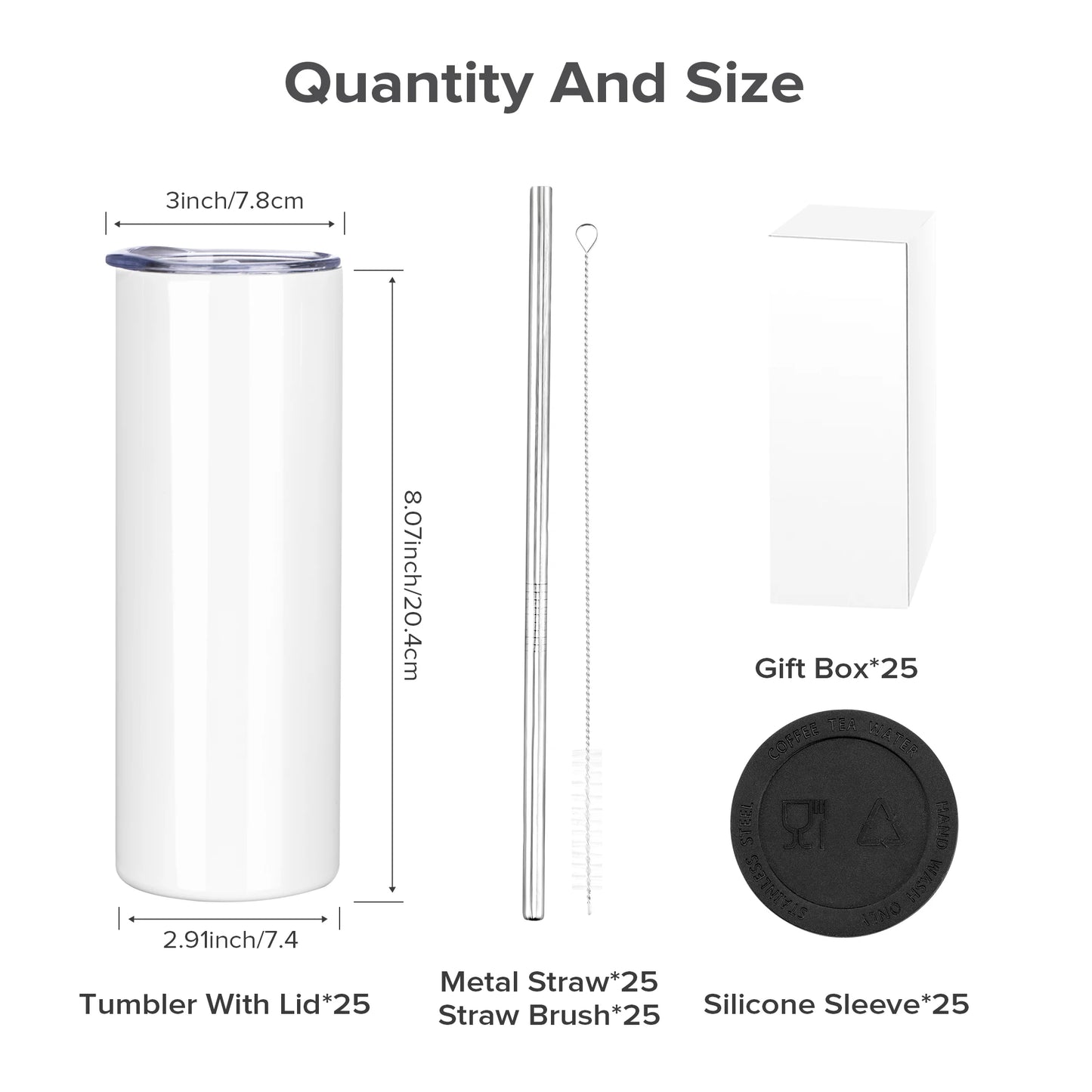 Sublimation Tumblers Blanks 20 oz 25 Pack Skinny Straight Tumblers Bulk Stainless Steel Insulated Sublimation Cups with Lid and