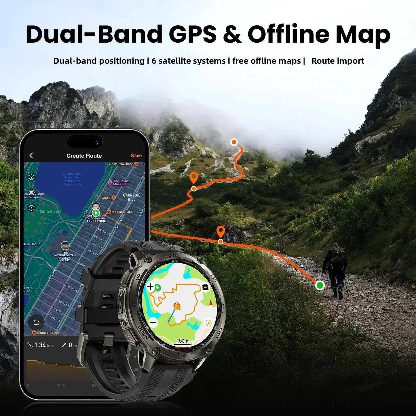 KOSPET Tank T4 Smart Watch for Men GPS Offline Maps 32G ROM 10ATM Waterproof Heart Rate Diving Skiing Hiking for Android IOS