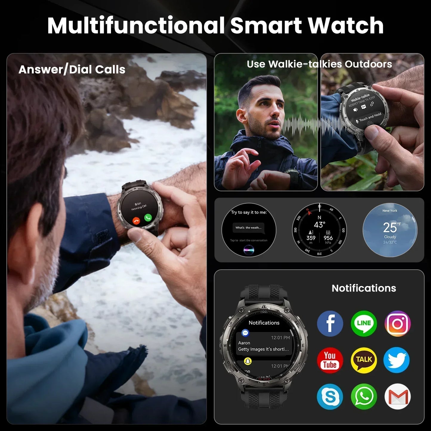 KOSPET Tank T4 Smart Watch for Men GPS Offline Maps 32G ROM 10ATM Waterproof Heart Rate Diving Skiing Hiking for Android IOS